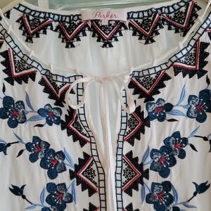 Parker White Blouse with Blue and Black Floral Embroidered Design
